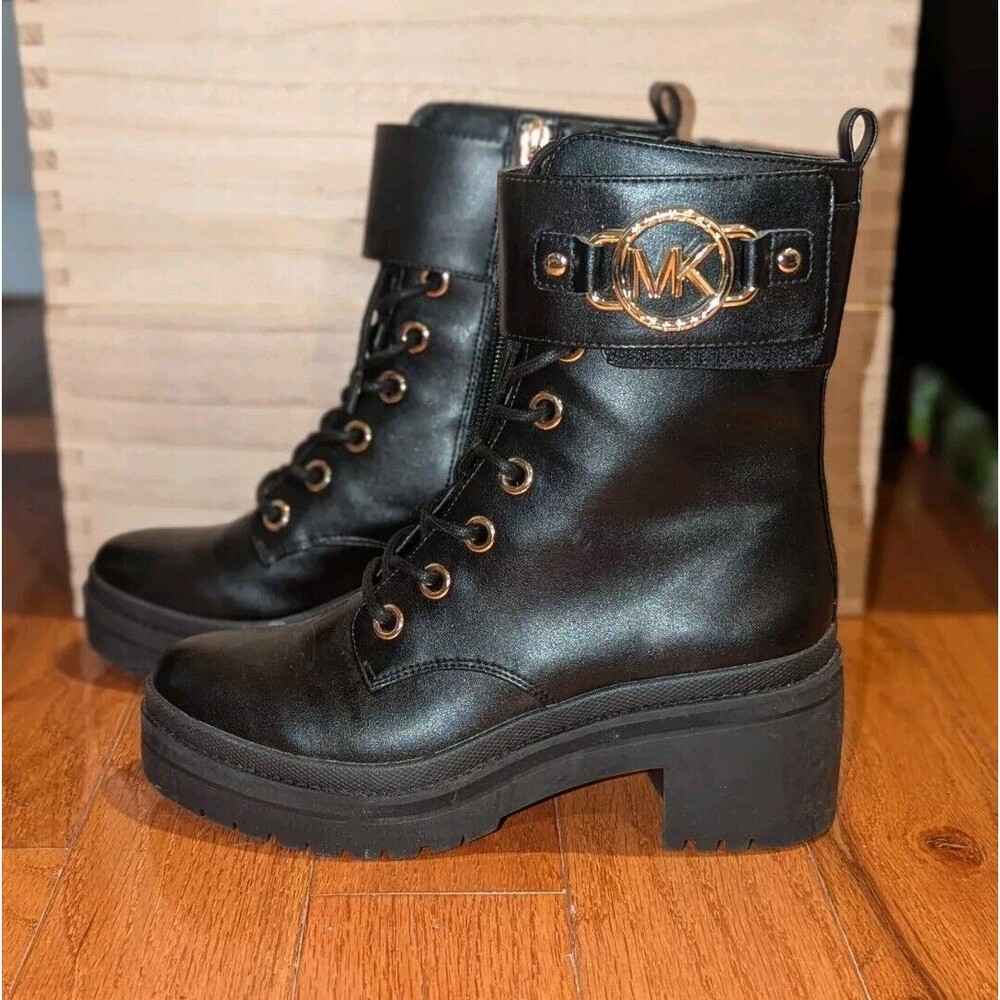 Michael Kors Black Lace-Up Platform Ankle Boots with Gold Logo